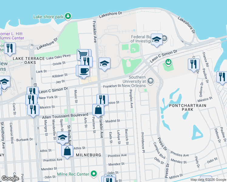 map of restaurants, bars, coffee shops, grocery stores, and more near 6427 Lafaye Street in New Orleans