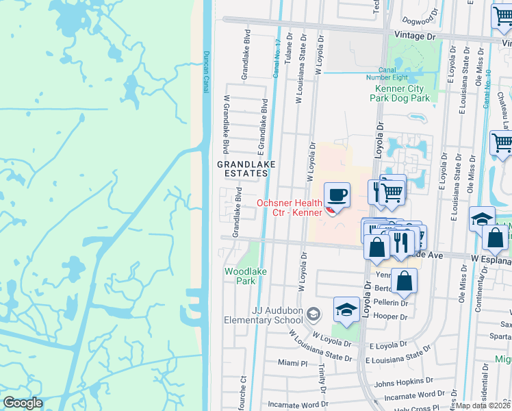 map of restaurants, bars, coffee shops, grocery stores, and more near 23 Verret Court in Kenner