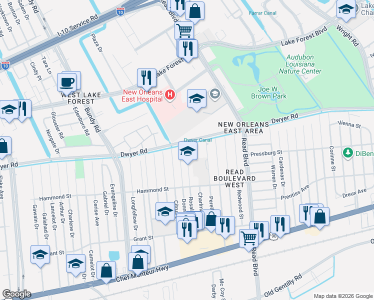 map of restaurants, bars, coffee shops, grocery stores, and more near 4949 Donna Drive in New Orleans