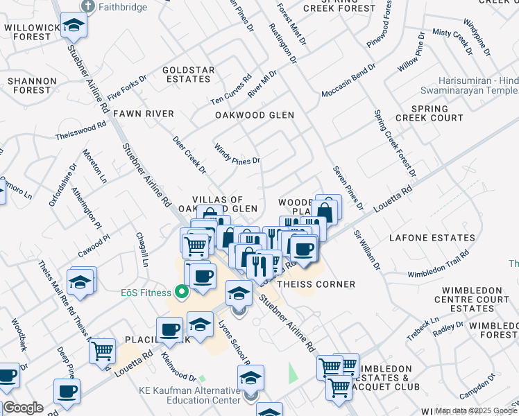 map of restaurants, bars, coffee shops, grocery stores, and more near 700 Oakwood Glen Boulevard in Spring