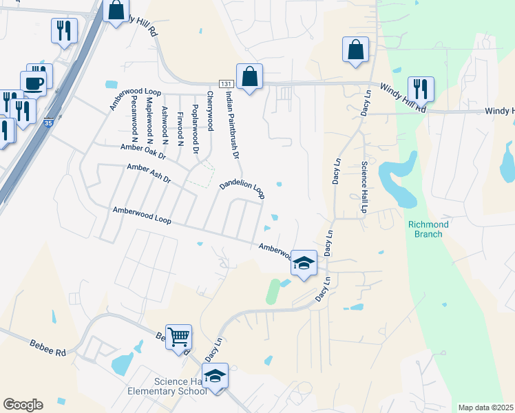 map of restaurants, bars, coffee shops, grocery stores, and more near 514 Dandelion Loop in Kyle