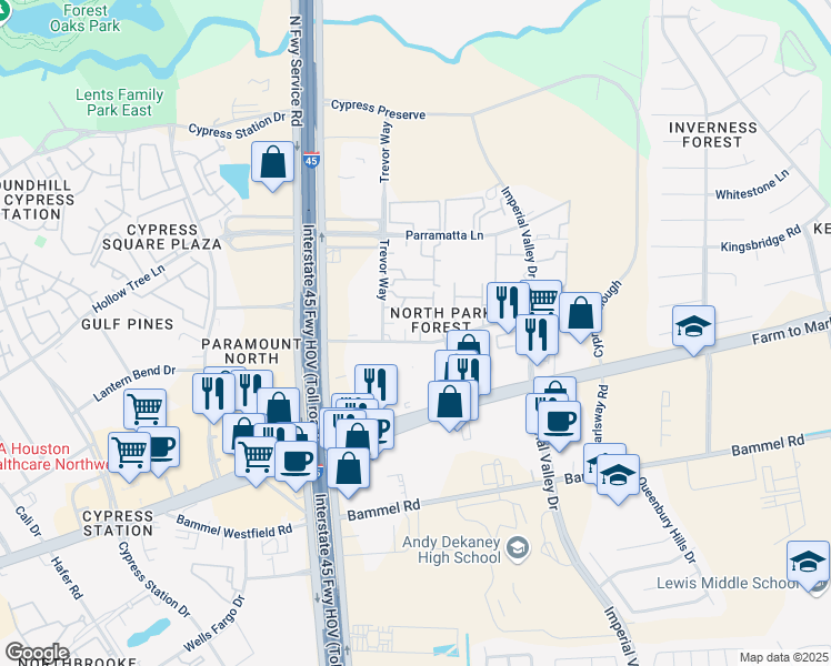 map of restaurants, bars, coffee shops, grocery stores, and more near 25 Highland Cross Drive in Houston