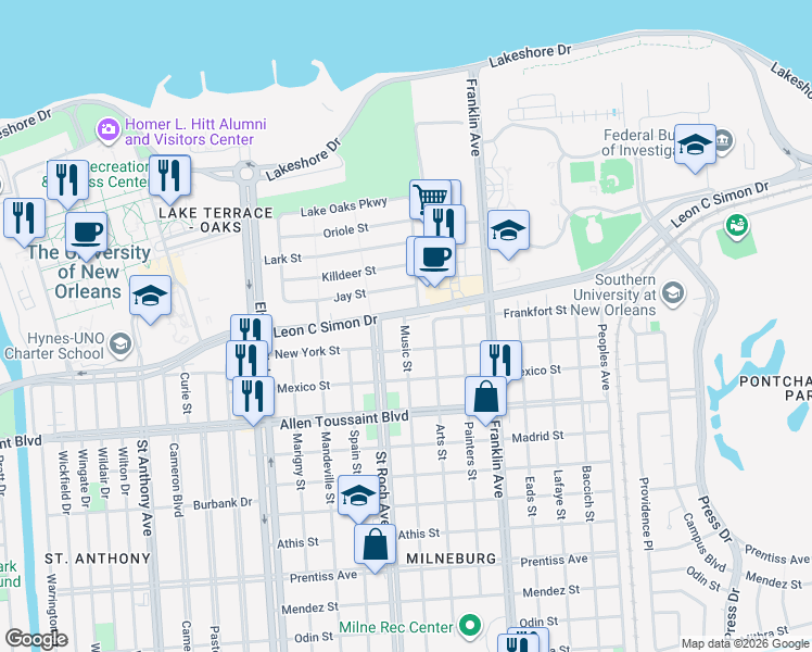 map of restaurants, bars, coffee shops, grocery stores, and more near 6439 Music Street in New Orleans