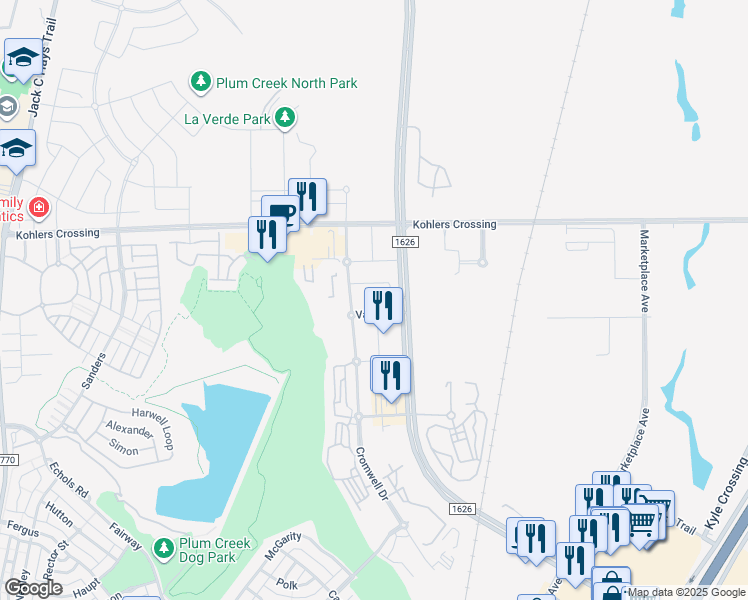 map of restaurants, bars, coffee shops, grocery stores, and more near 1075 Vaughn in Kyle
