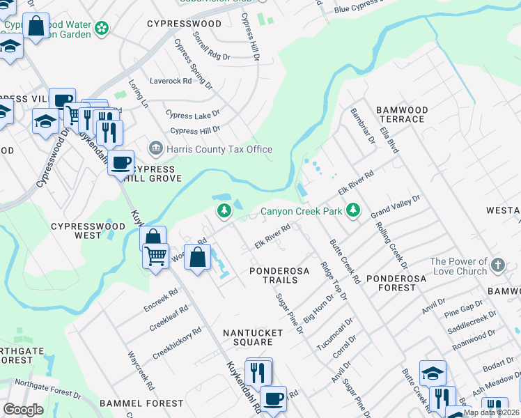 map of restaurants, bars, coffee shops, grocery stores, and more near 1822 Woerner Road in Houston