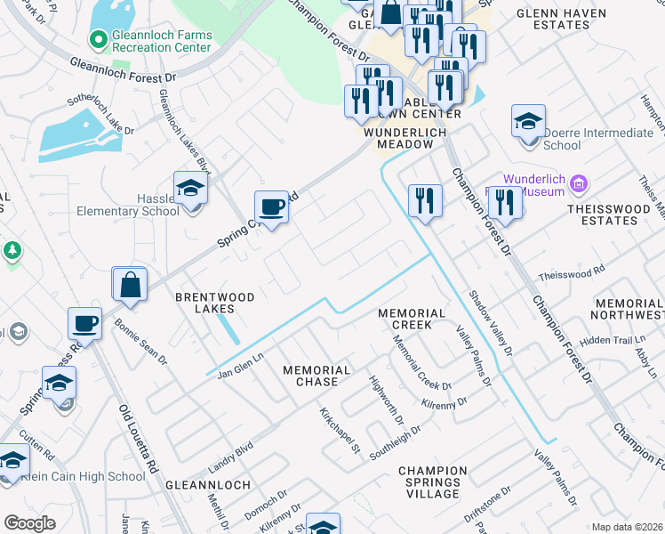 map of restaurants, bars, coffee shops, grocery stores, and more near 9223 Memorial Hills Drive in Spring
