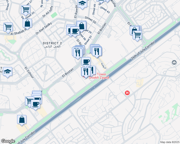 map of restaurants, bars, coffee shops, grocery stores, and more near 26th of July Corridor in First Al Sheikh Zayed