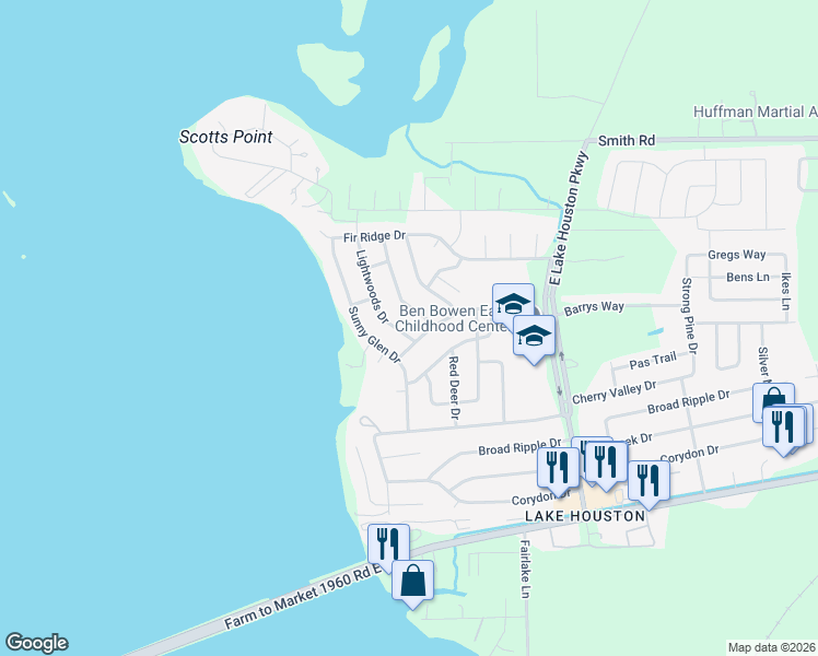 map of restaurants, bars, coffee shops, grocery stores, and more near 24403 Red Deer Drive in Huffman