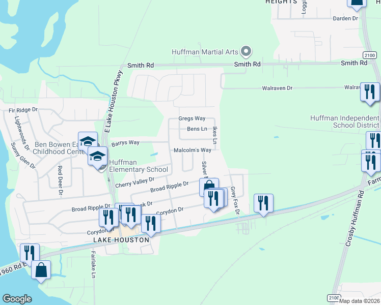 map of restaurants, bars, coffee shops, grocery stores, and more near 24319 Hard Wood Drive in Huffman