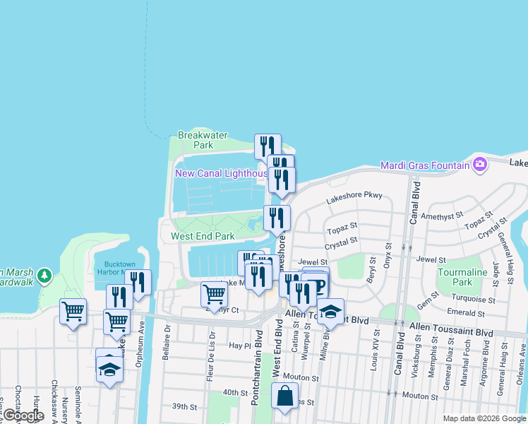 map of restaurants, bars, coffee shops, grocery stores, and more near 107 North Roadway Street in New Orleans
