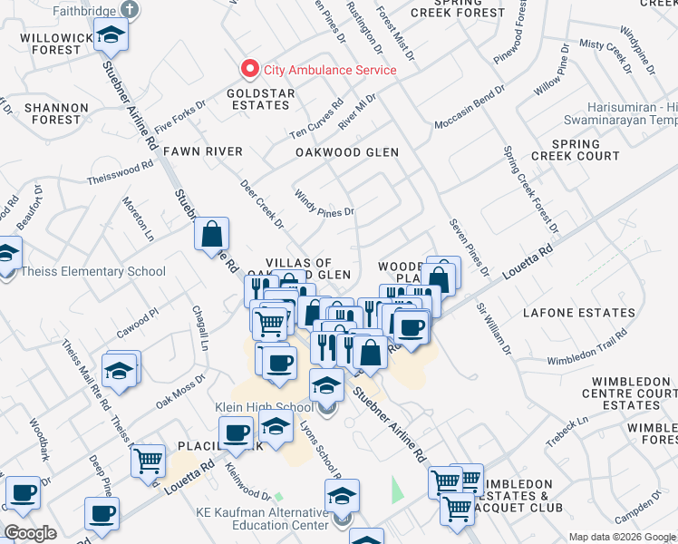 map of restaurants, bars, coffee shops, grocery stores, and more near 7103 Falling Waters Drive in Spring