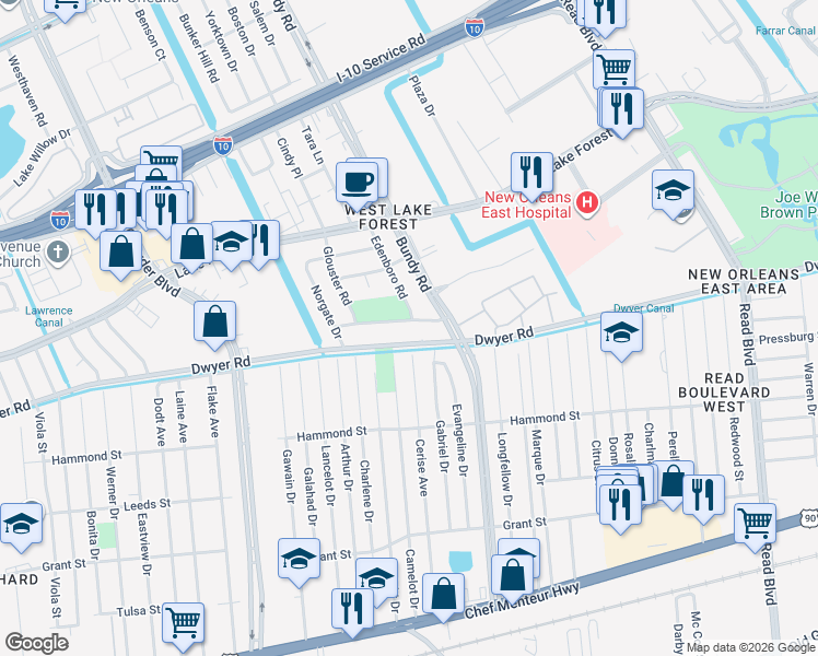 map of restaurants, bars, coffee shops, grocery stores, and more near 9110 Tilford Road in New Orleans