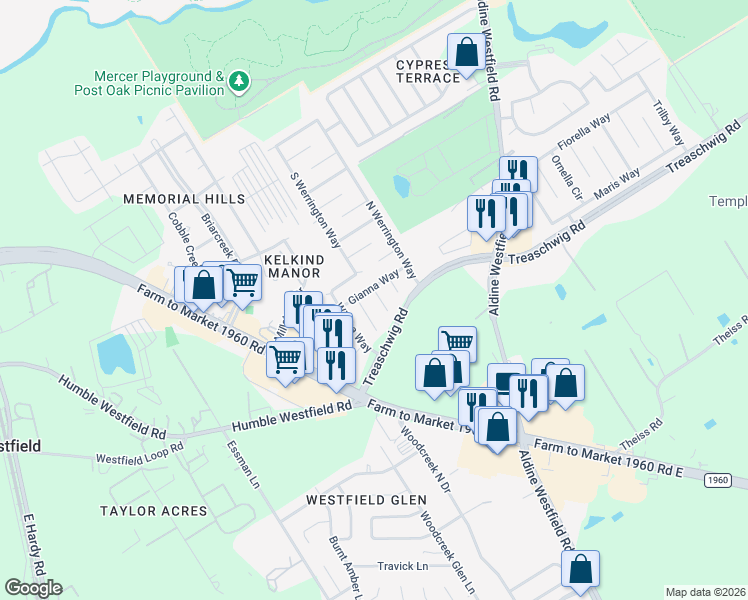 map of restaurants, bars, coffee shops, grocery stores, and more near 21431 Jamals Way in Houston