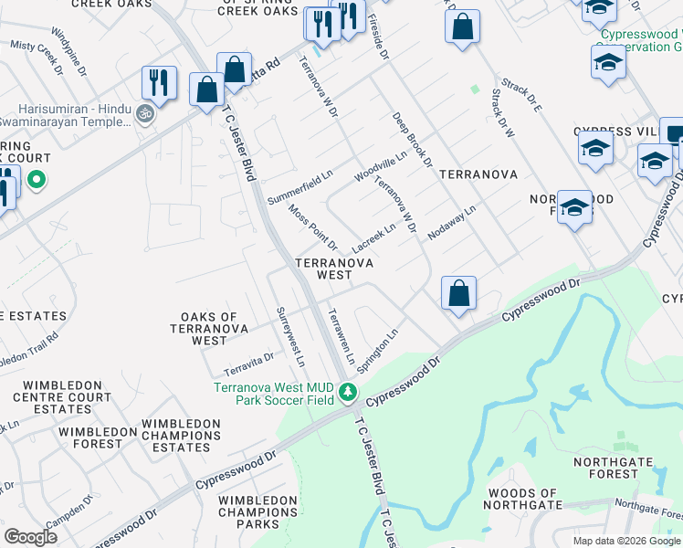 map of restaurants, bars, coffee shops, grocery stores, and more near 17818 Windtree Lane in Spring