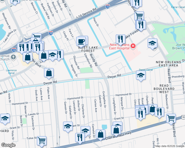 map of restaurants, bars, coffee shops, grocery stores, and more near 9110 Tilford Road in New Orleans