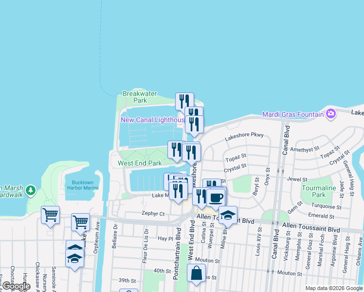 map of restaurants, bars, coffee shops, grocery stores, and more near 107 North Roadway Street in New Orleans