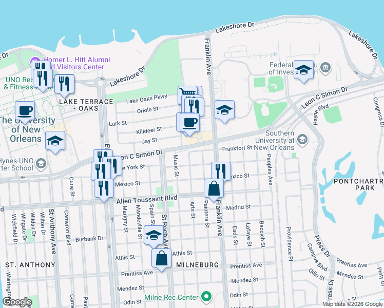 map of restaurants, bars, coffee shops, grocery stores, and more near 2500 Frankfort Street in New Orleans