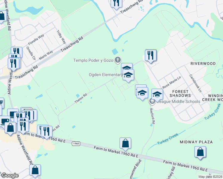 map of restaurants, bars, coffee shops, grocery stores, and more near 21800 Baumgartner Road in Humble
