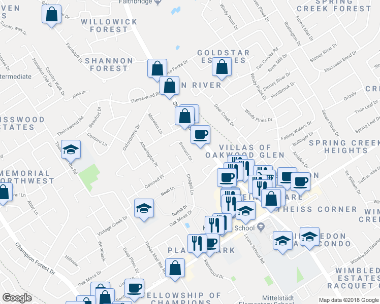 map of restaurants, bars, coffee shops, grocery stores, and more near 17306 Bonnard Circle in Spring