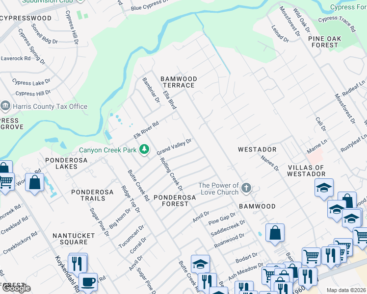 map of restaurants, bars, coffee shops, grocery stores, and more near 1419 Grand Valley Dr in Houston