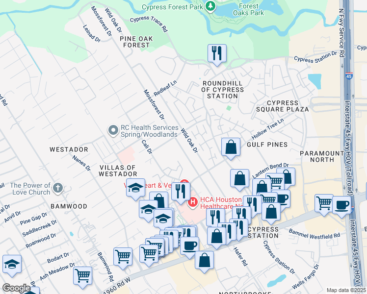 map of restaurants, bars, coffee shops, grocery stores, and more near 17710 Mossforest Drive in Houston