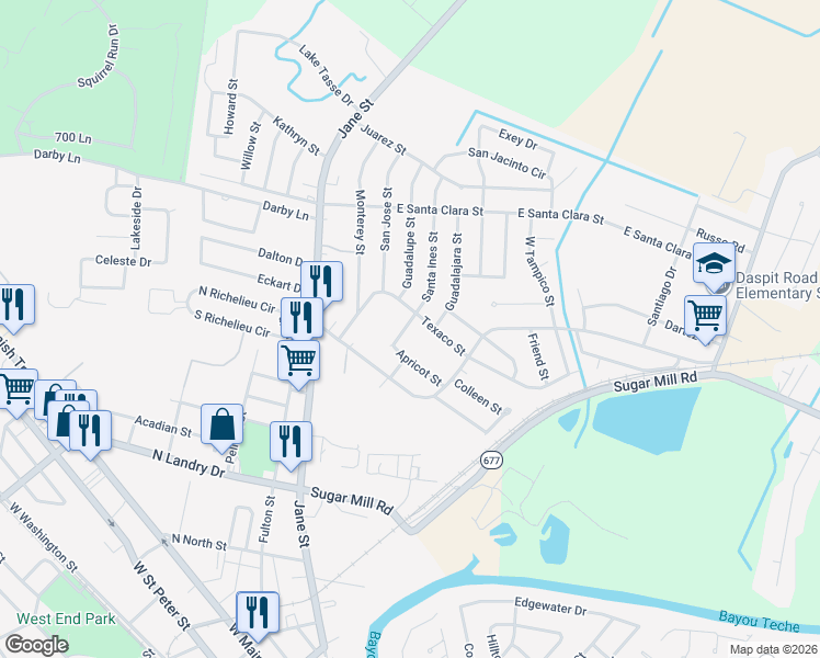 map of restaurants, bars, coffee shops, grocery stores, and more near 502-504 Texaco Street in New Iberia