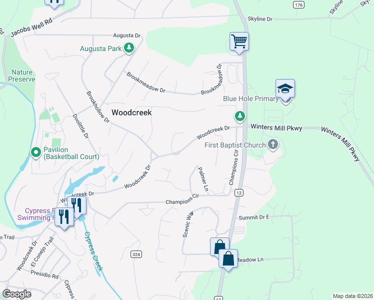 map of restaurants, bars, coffee shops, grocery stores, and more near 29 Woodcreek Drive in Wimberley