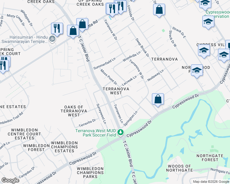 map of restaurants, bars, coffee shops, grocery stores, and more near 17818 Windtree Lane in Spring