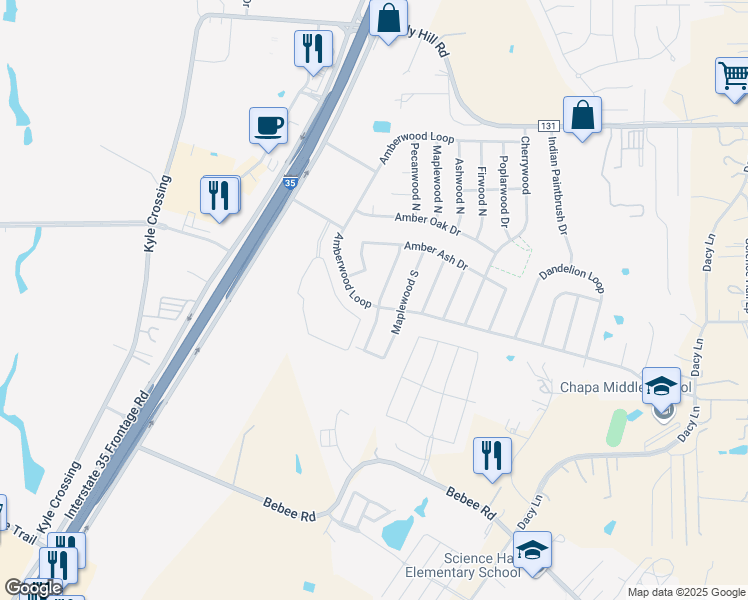 map of restaurants, bars, coffee shops, grocery stores, and more near 1500 Amberwood Loop in Kyle