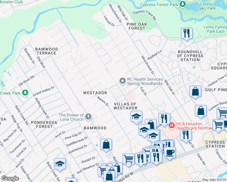 map of restaurants, bars, coffee shops, grocery stores, and more near 17419-17659 Red Oak Drive in Houston