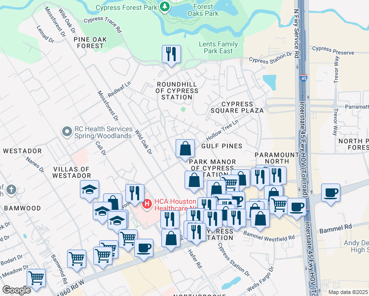 map of restaurants, bars, coffee shops, grocery stores, and more near 1007 Cypress Station Drive in Houston