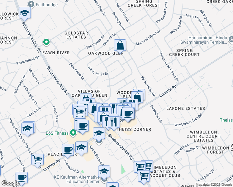 map of restaurants, bars, coffee shops, grocery stores, and more near 6922 Clee Lane in Spring