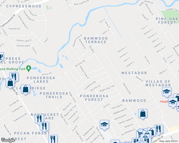 map of restaurants, bars, coffee shops, grocery stores, and more near 1518 Grand Valley Drive in Houston