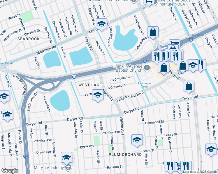 map of restaurants, bars, coffee shops, grocery stores, and more near 6800 West Coronet Court in New Orleans