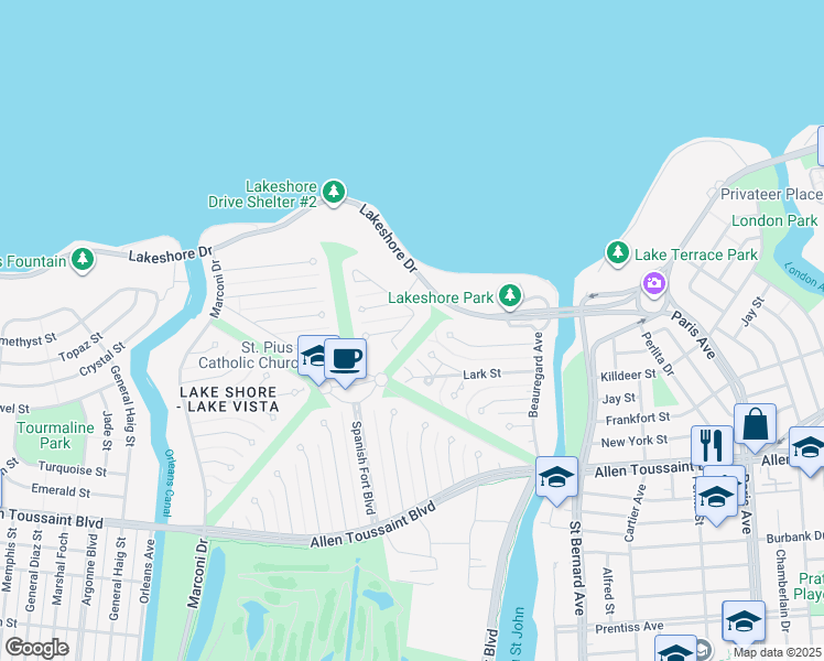 map of restaurants, bars, coffee shops, grocery stores, and more near 84 Tern Street in New Orleans