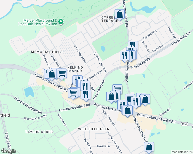 map of restaurants, bars, coffee shops, grocery stores, and more near 21431 Jamals Way in Houston