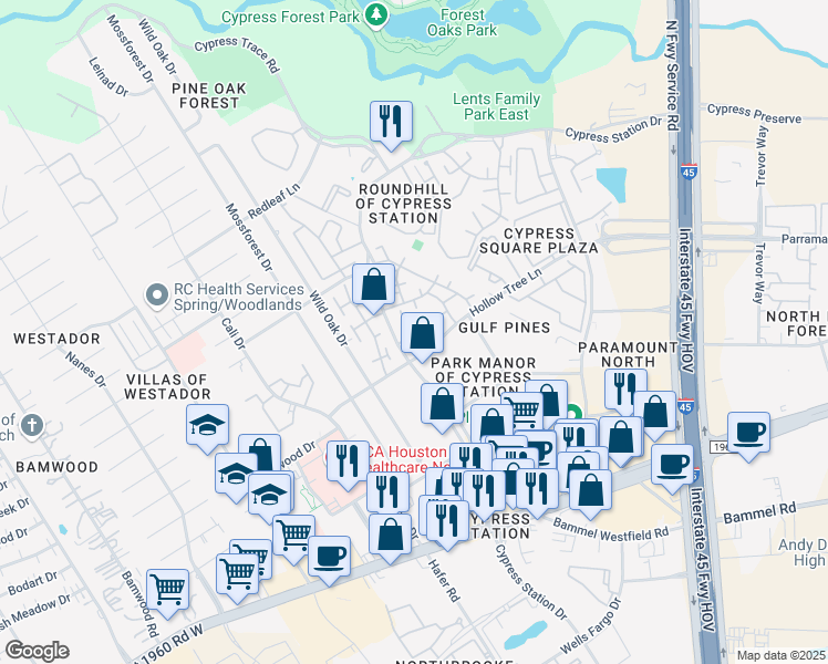 map of restaurants, bars, coffee shops, grocery stores, and more near 303 Hollow Tree Lane in Houston