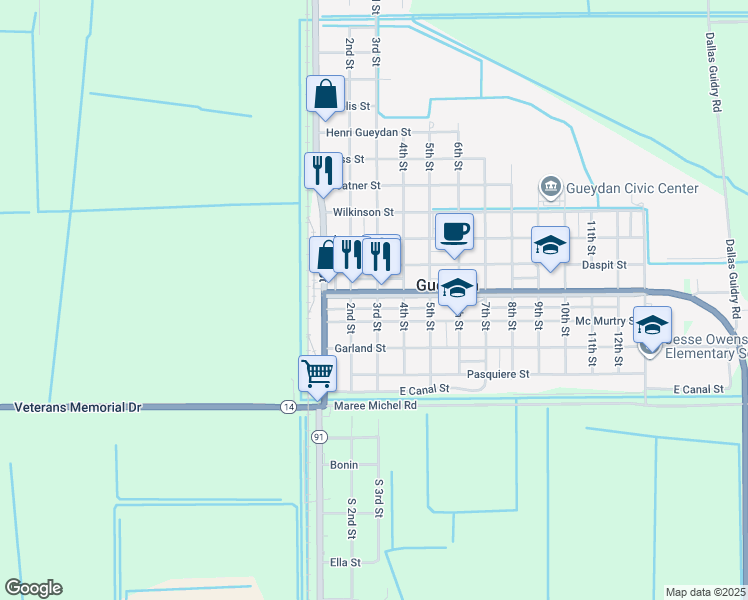 map of restaurants, bars, coffee shops, grocery stores, and more near 214 Main Street in Gueydan