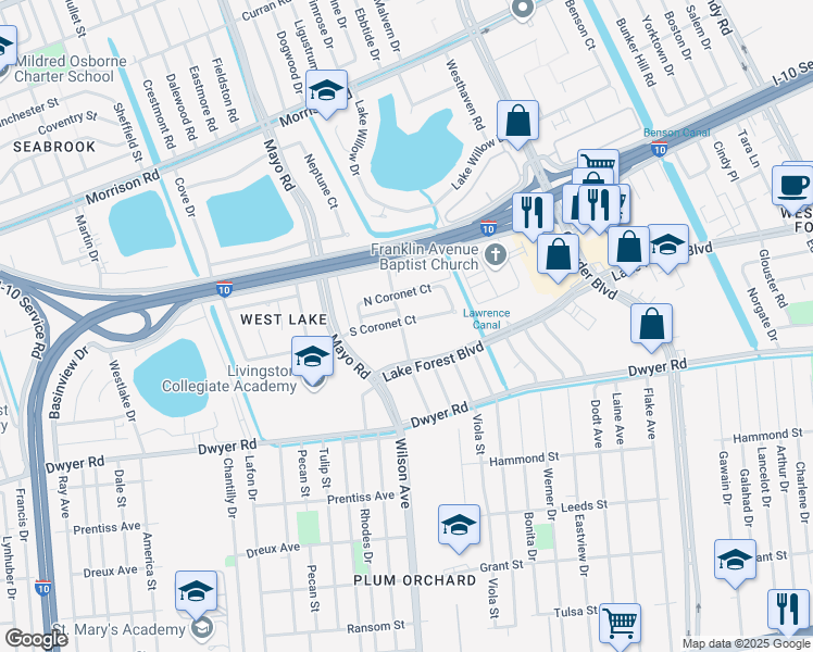 map of restaurants, bars, coffee shops, grocery stores, and more near 7800 Parc Brittany Boulevard in New Orleans