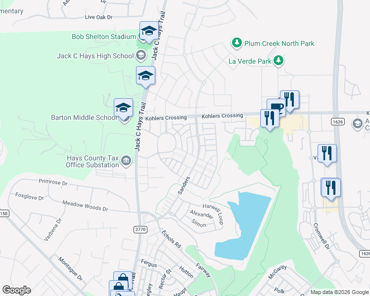 map of restaurants, bars, coffee shops, grocery stores, and more near 2151 Herzog in Kyle