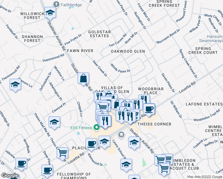 map of restaurants, bars, coffee shops, grocery stores, and more near 17171 Oakwood Chase Drive in Spring