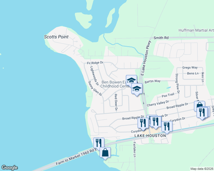 map of restaurants, bars, coffee shops, grocery stores, and more near 24403 Red Deer Drive in Huffman