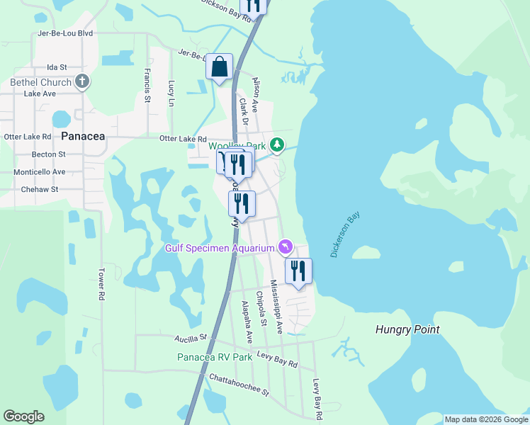 map of restaurants, bars, coffee shops, grocery stores, and more near 40 Division Street in Panacea