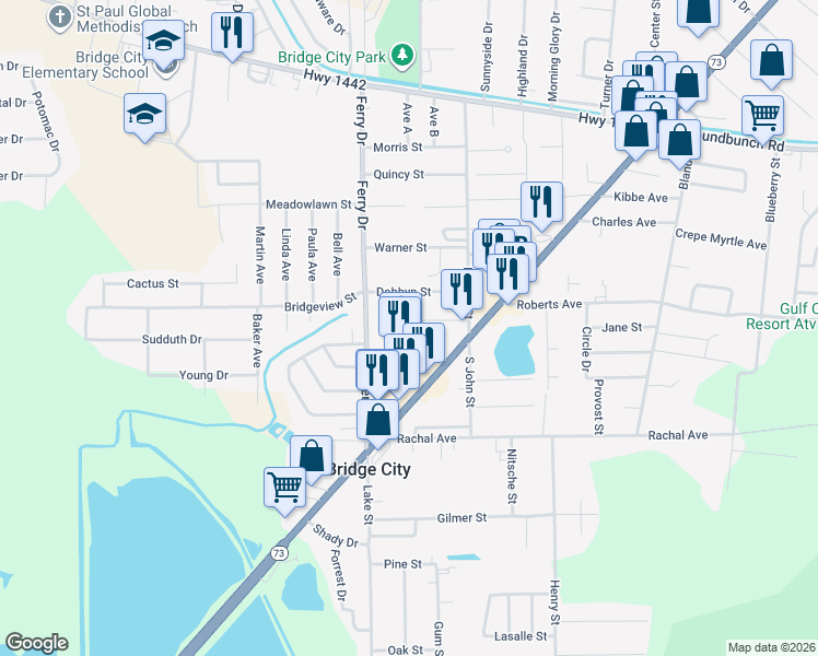 map of restaurants, bars, coffee shops, grocery stores, and more near 335 Hebert Drive in Bridge City