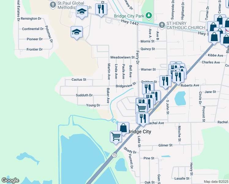 map of restaurants, bars, coffee shops, grocery stores, and more near 318 Youpon Street in Bridge City