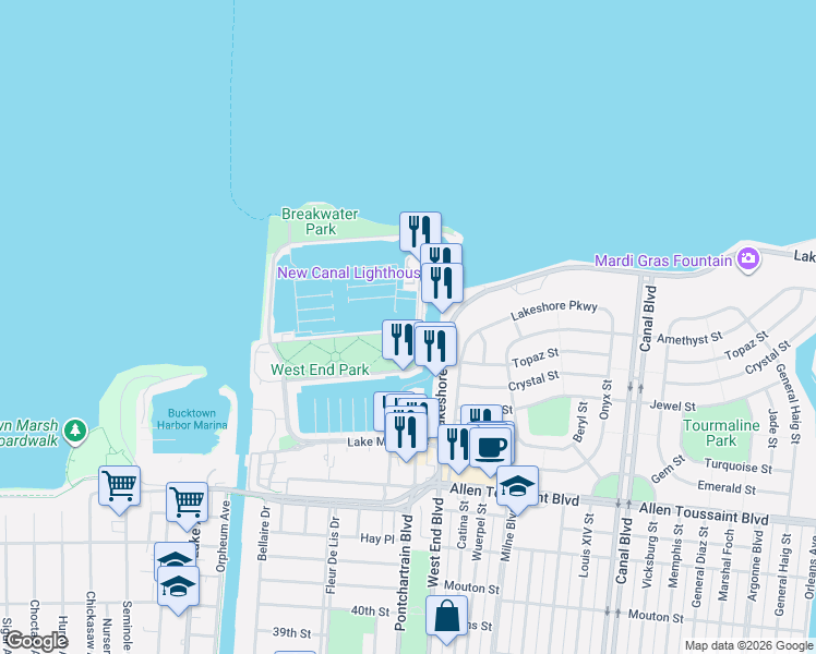 map of restaurants, bars, coffee shops, grocery stores, and more near 107 North Roadway Street in New Orleans