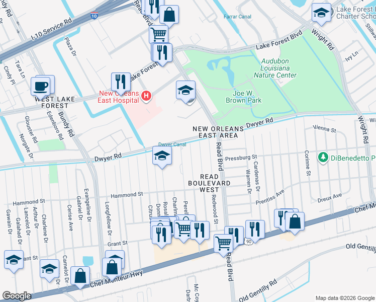 map of restaurants, bars, coffee shops, grocery stores, and more near 4942 Lurline Street in New Orleans