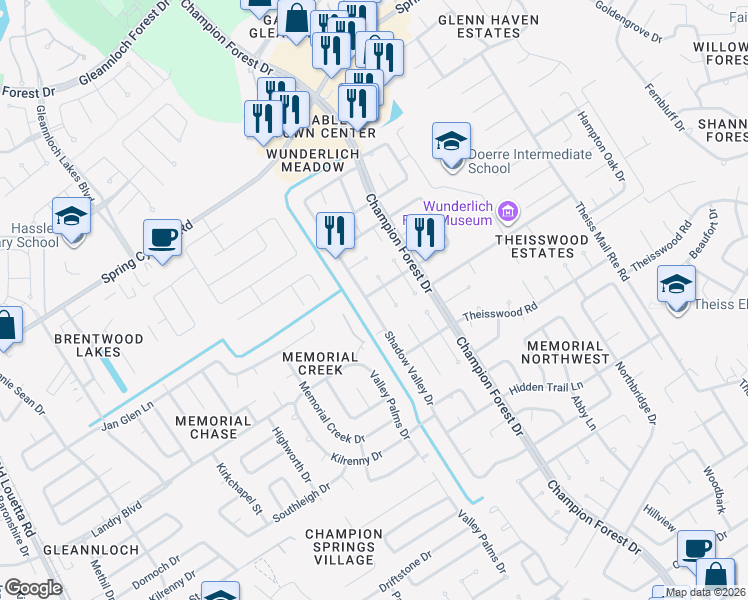 map of restaurants, bars, coffee shops, grocery stores, and more near 18018 Shadow Valley Drive in Spring