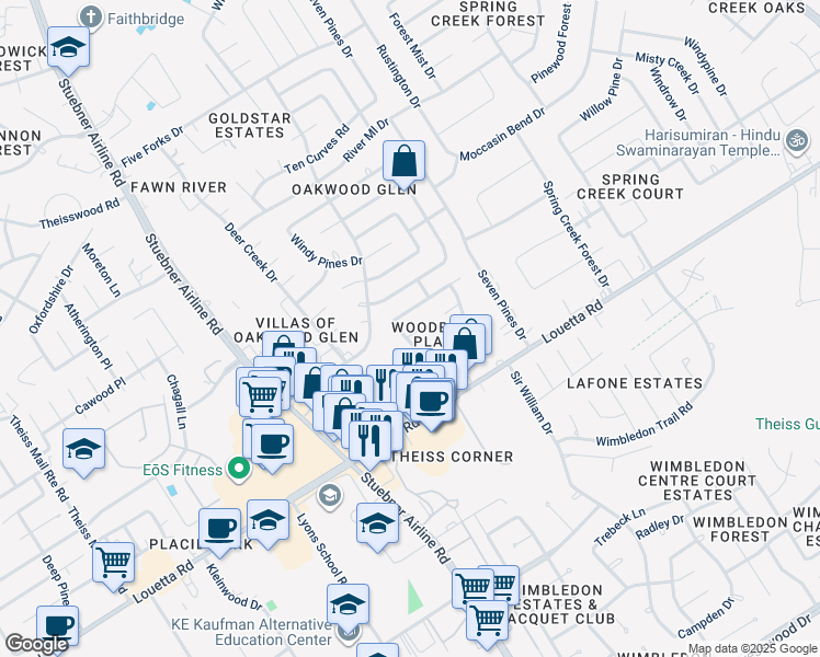 map of restaurants, bars, coffee shops, grocery stores, and more near 6922 Clee Lane in Spring