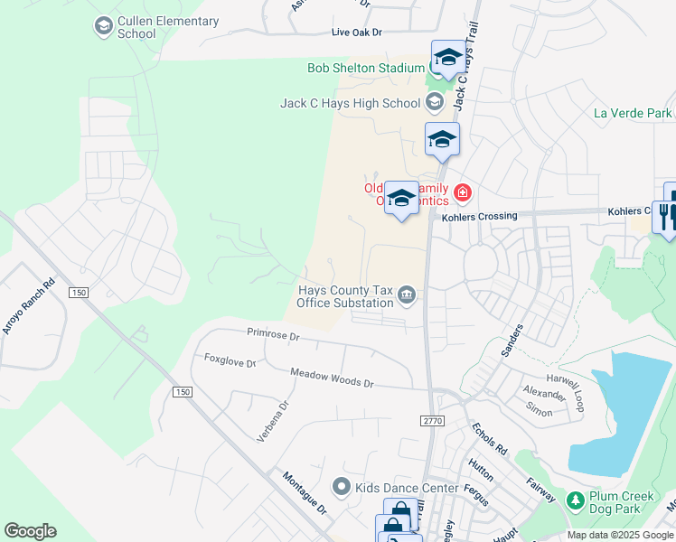 map of restaurants, bars, coffee shops, grocery stores, and more near 250 Crystal Meadow Drive in Kyle